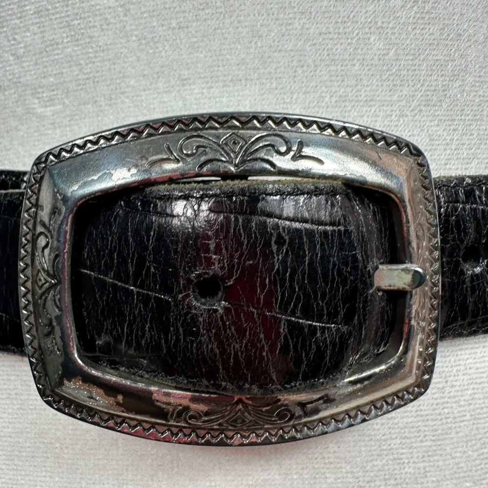 VTG Brighton Belt‎ Womens Small Black Brown Croc Embossed Leather Silver Buckle